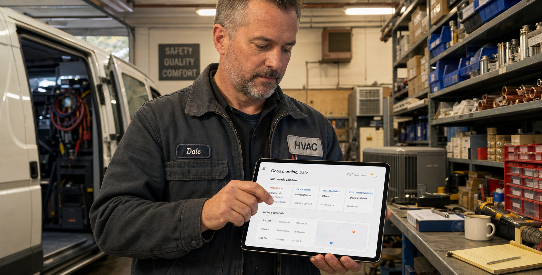 Dale HVAC owner with DPF coworker tablet